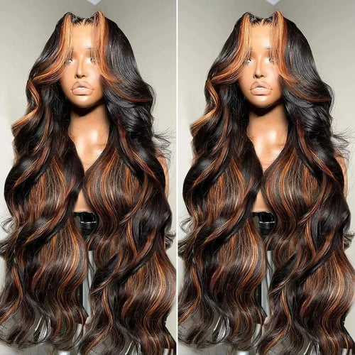300% Density Ombre Highlight Body Wave 13x4 HD Lace Front Human Hair Wig Curly 1B/30 Black Brown Colored 13x6 Lace Frontal Wigs